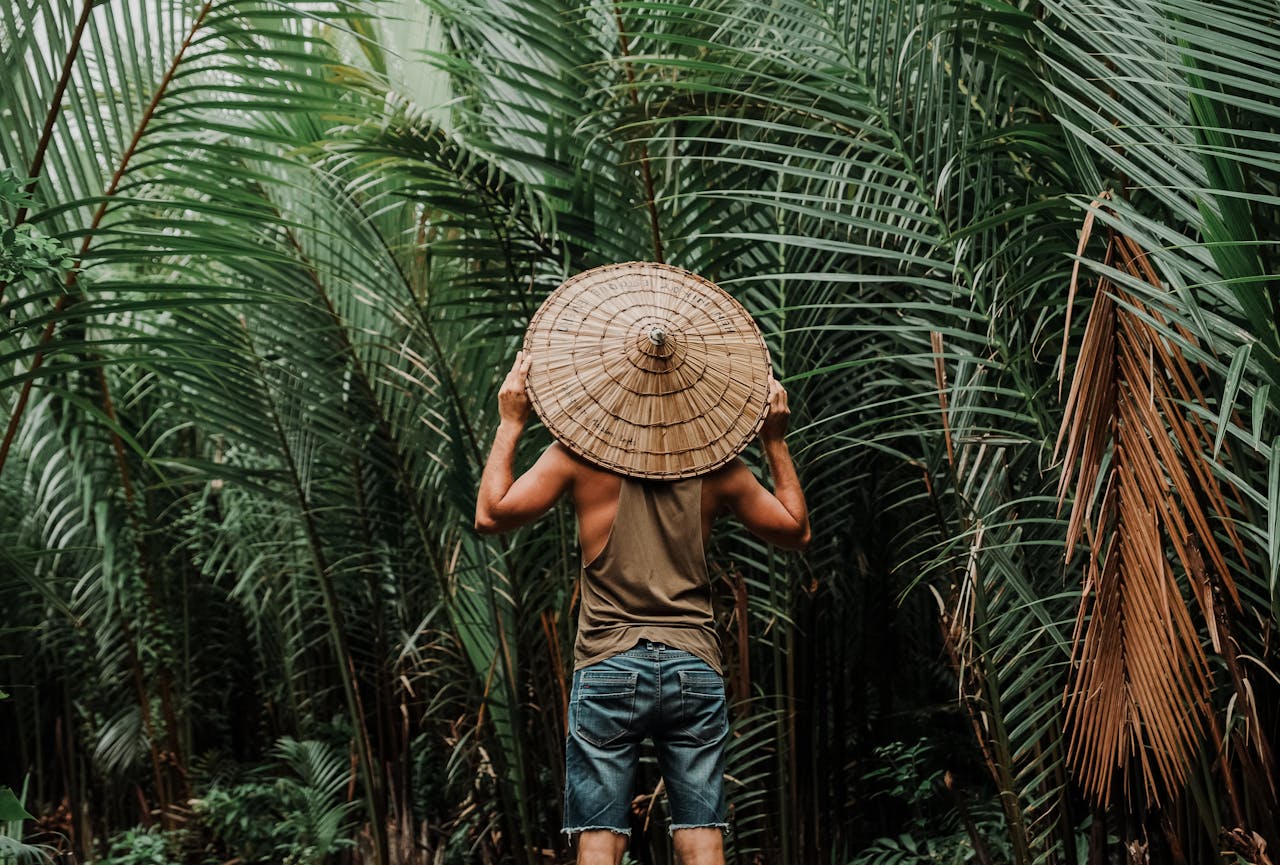 Back view of a person wearing a bamboo hat amidst lush green tropical plants.
