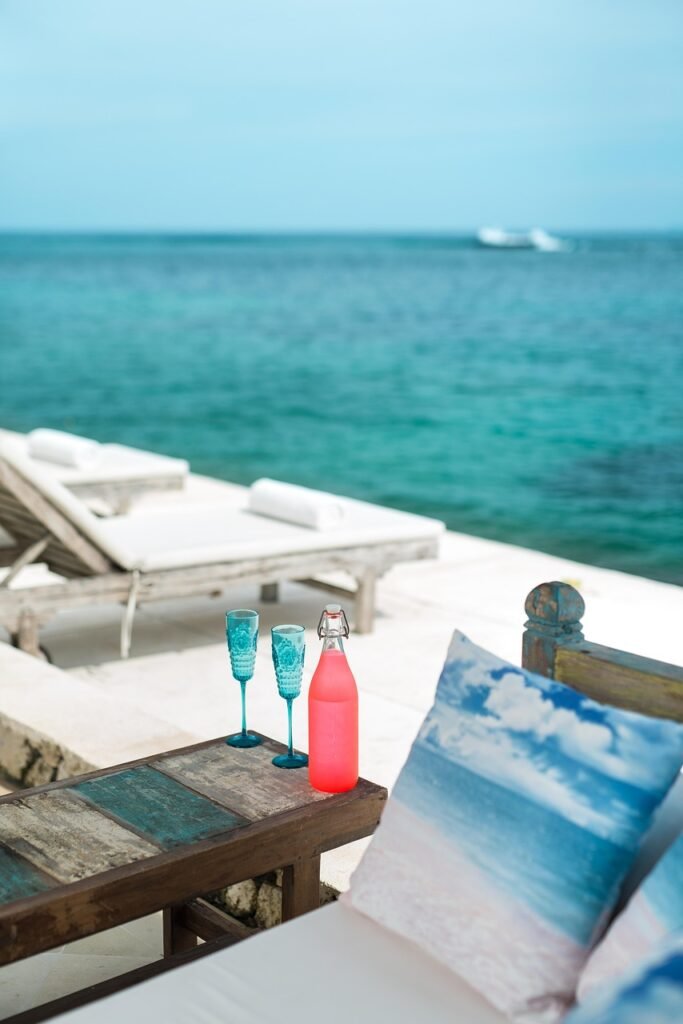 villa, resort, vacation, travels, tourism, summer, beach, blue sky, sky, blue, sea, hotel, island, tropical, ocean, luxury, nature, bali, exotic, romantic, coast, paradise, champagne, table, terrace, to relax